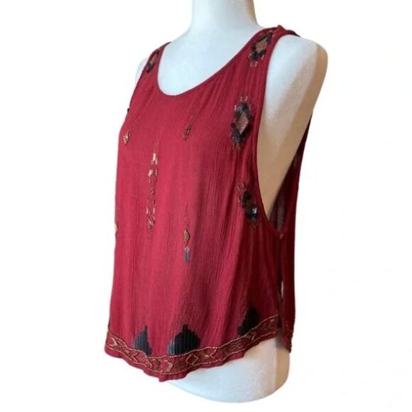 Free People Maroon Flutter Tank M Aztec Sequin Coachella Open Sides - Picture 4 of 9